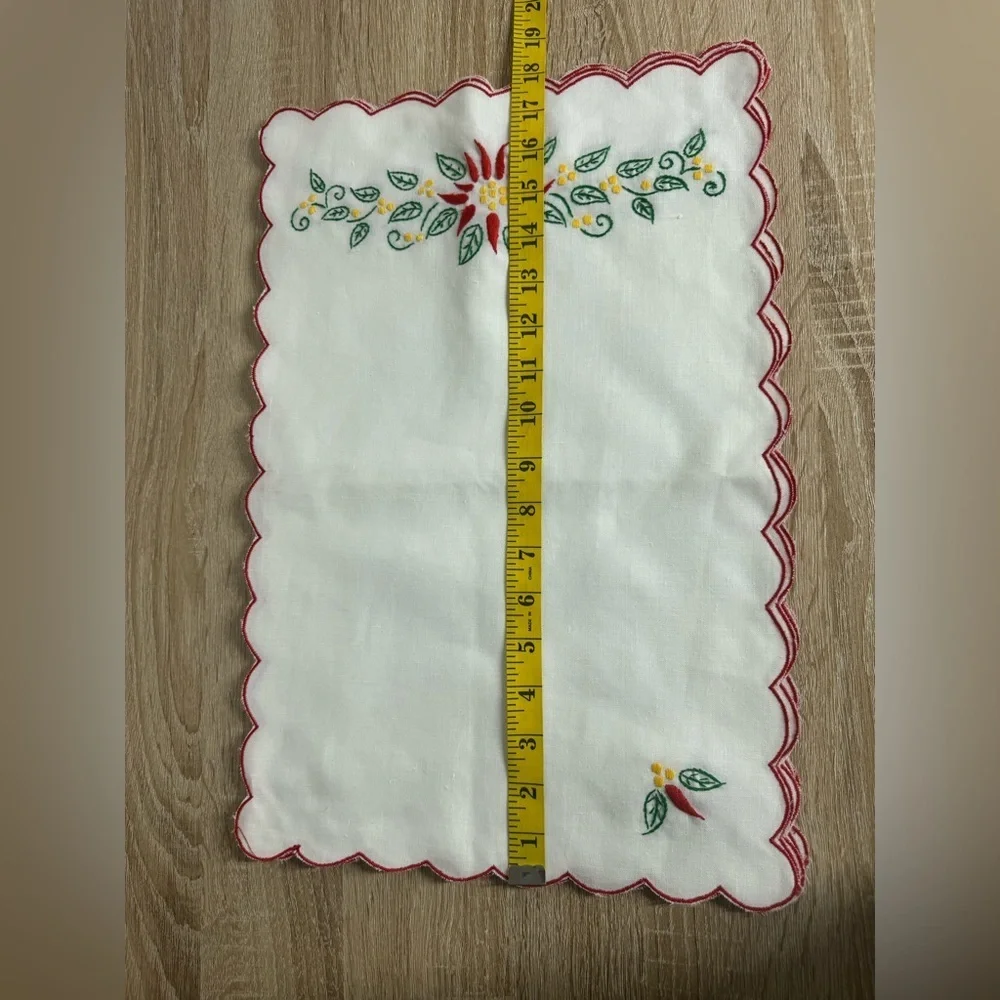 Vintage Lot Of 6 Embroidered Floral Handkerchief Napkin Red Scalloped Trim White